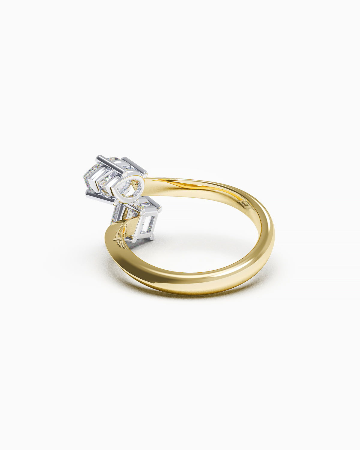 Back view of yellow gold bypass engagement ring, highlighting open-ended band and diamond settings.