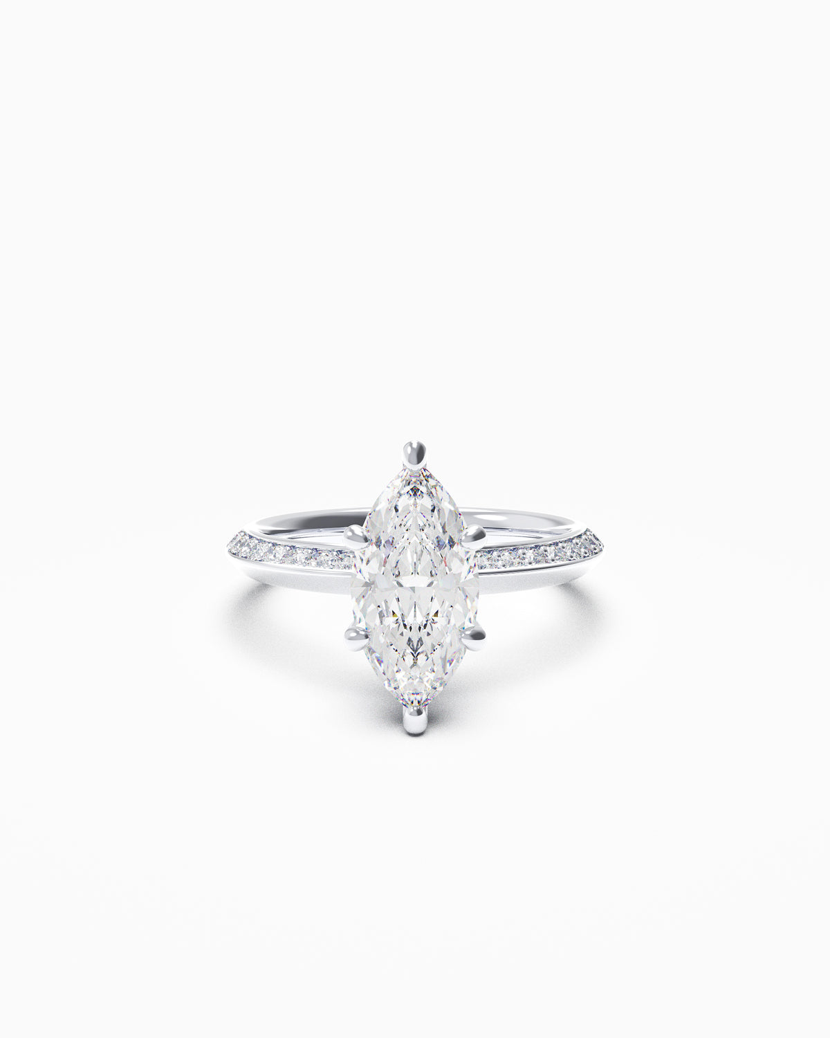 Marquise-cut diamond engagement ring with a pavé knife-edge band in white or yellow gold, front view on white background.
