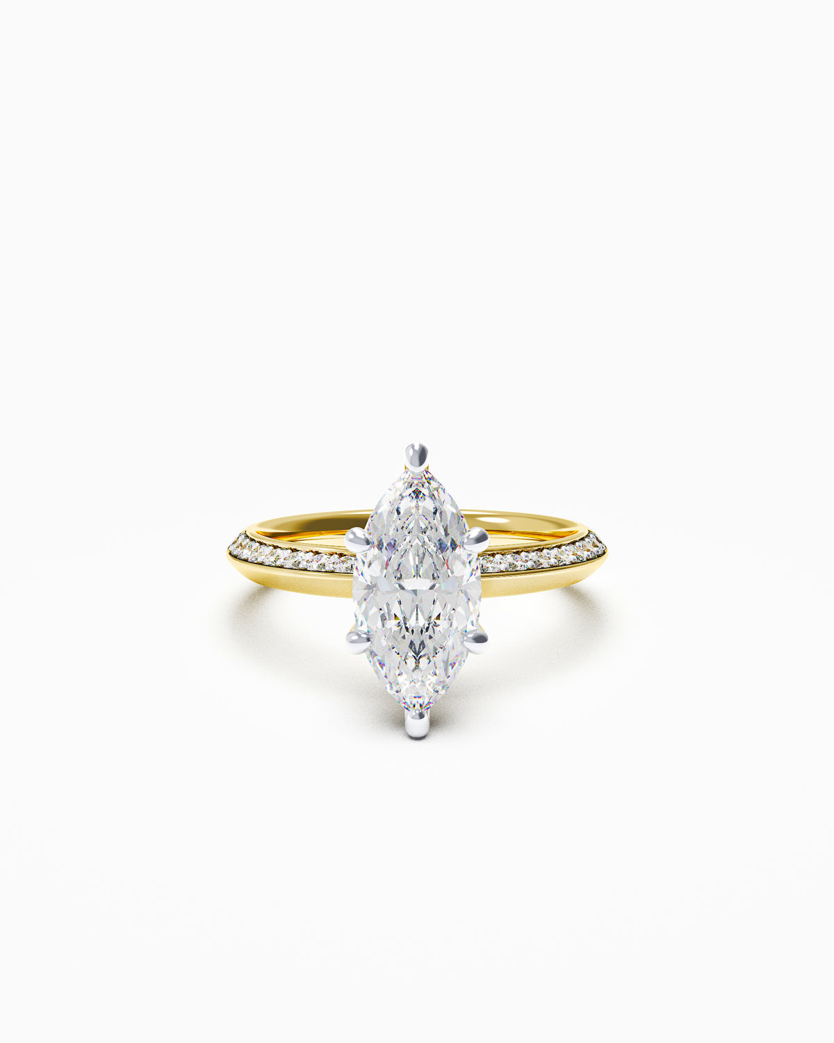 Marquise-cut diamond engagement ring with a pavé knife-edge band in white or yellow gold, front view on white background.