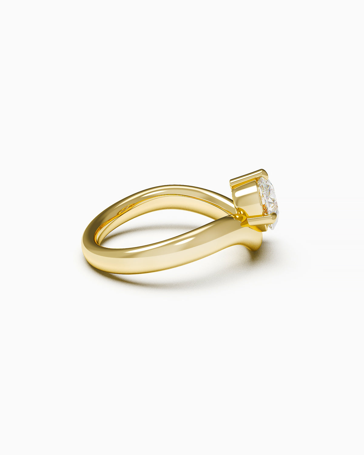 side view of yellow gold engagement ring with a pear-shaped diamond set in an organically curved band, photographed on a white background.