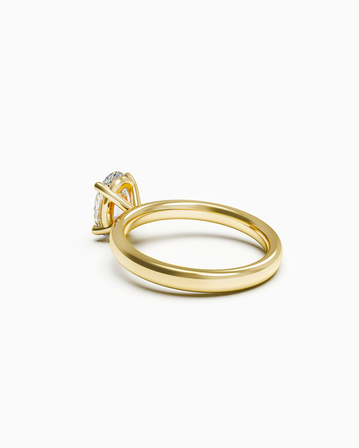 side view of an engagement ring featuring an oval-cut diamond in a double claw setting, available in yellow or white gold, photographed on a white background.