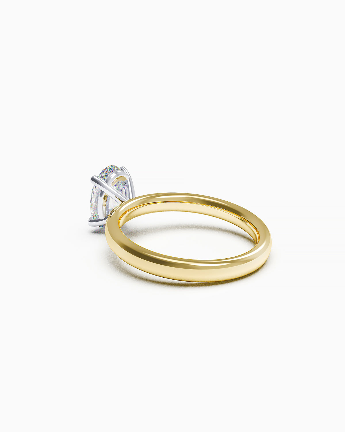 side view of an engagement ring featuring an oval-cut diamond in a double claw setting, available in yellow or white gold, photographed on a white background.