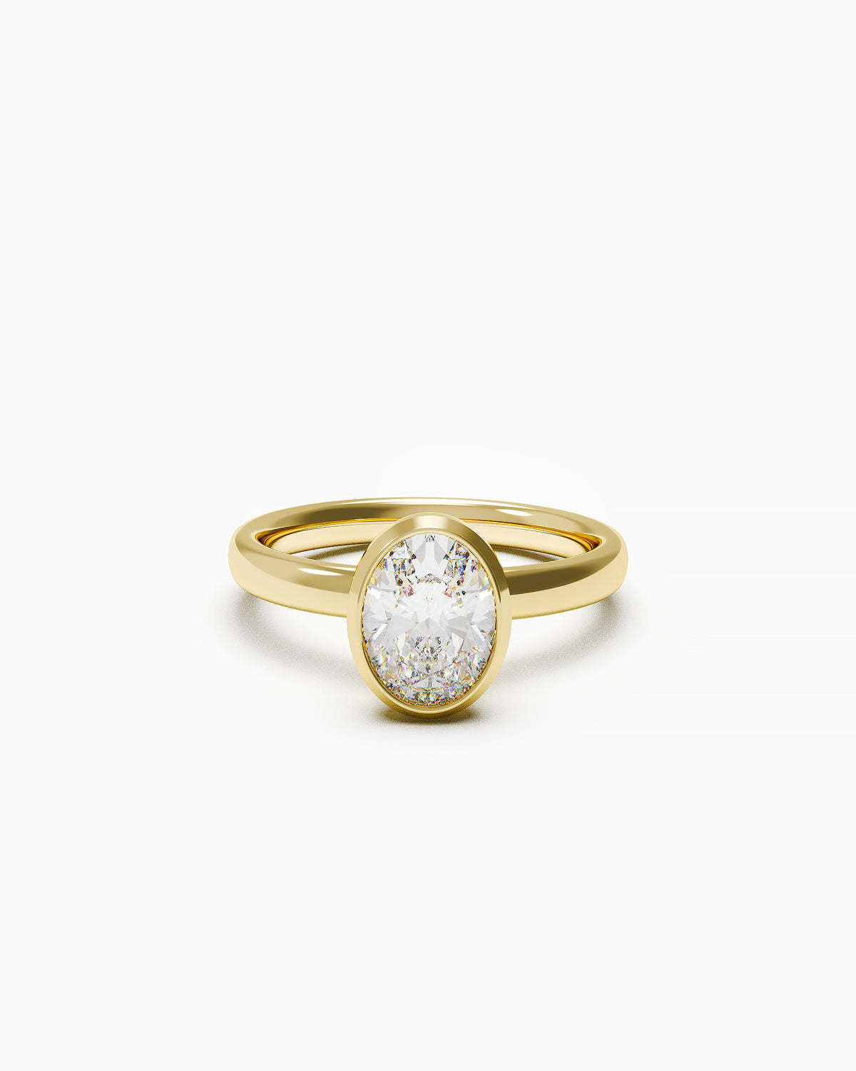 Oval-cut diamond bezel-set engagement ring with a smooth band, available in any 18k gold colour, front view on white background.