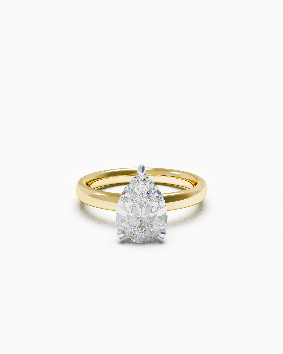 Pear-shaped diamond solitaire ring in a three-claw setting, available in yellow or white gold, front view on white background.