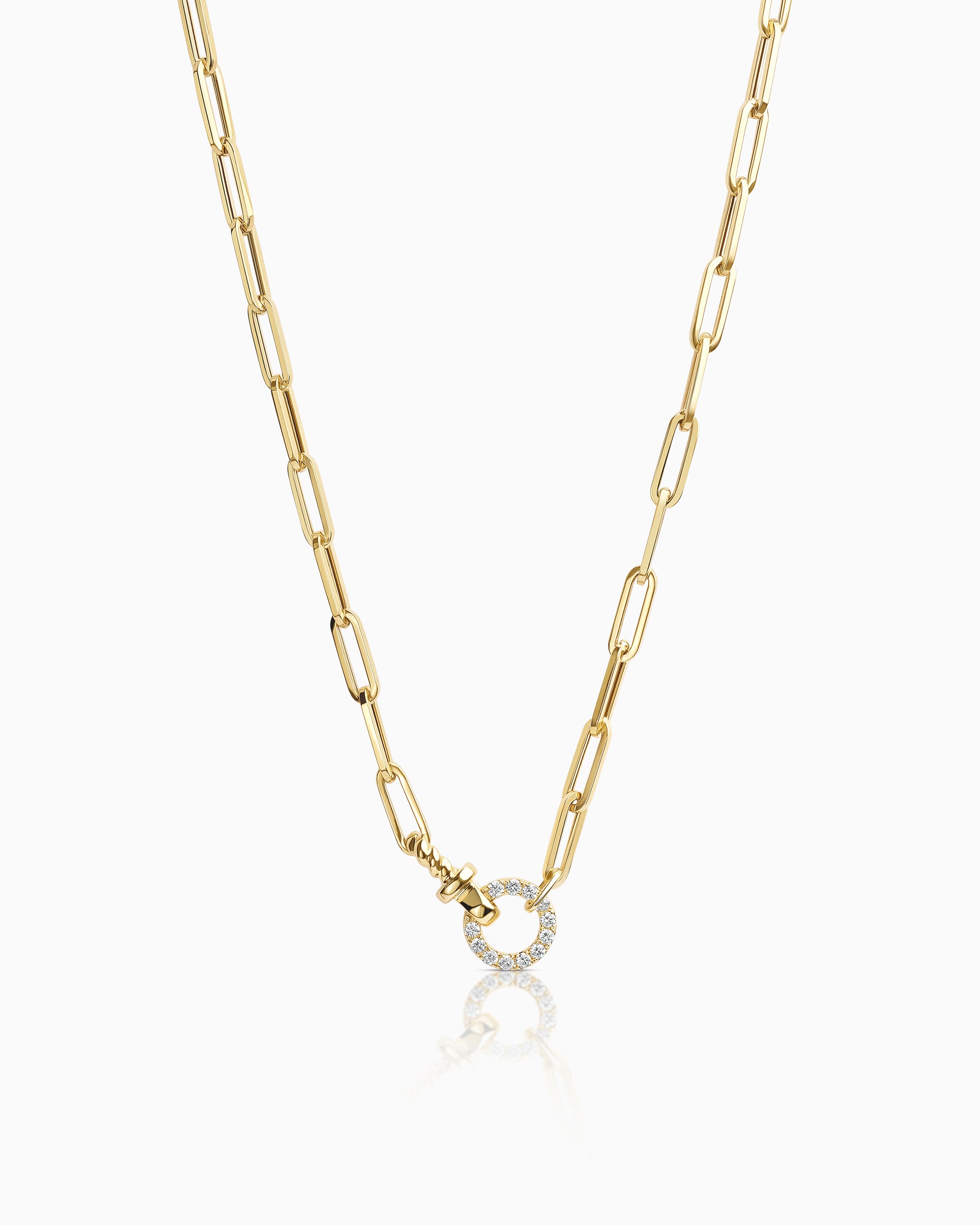 14k yellow gold necklace with paperclip chain and pavé diamond clasp motif (0.14ct), equestrian-inspired, from the Claude by Claudia collection.