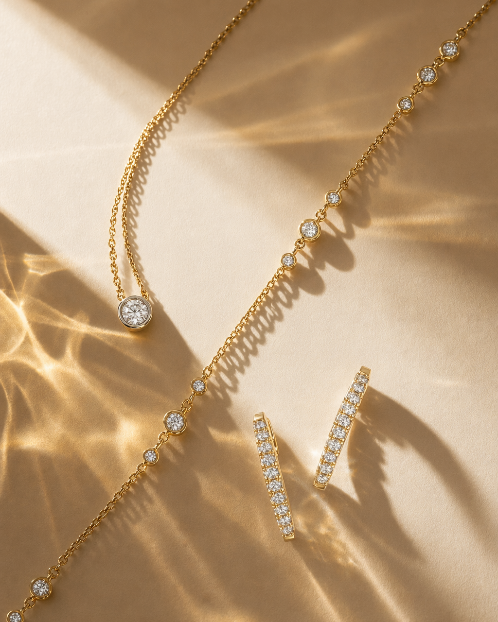 Gold necklace and earrings with clear stones on a beige background