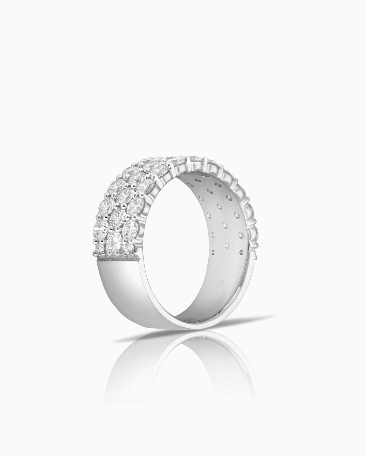 side view of 18 karat white gold 2.15ct Three Row Diamond Band