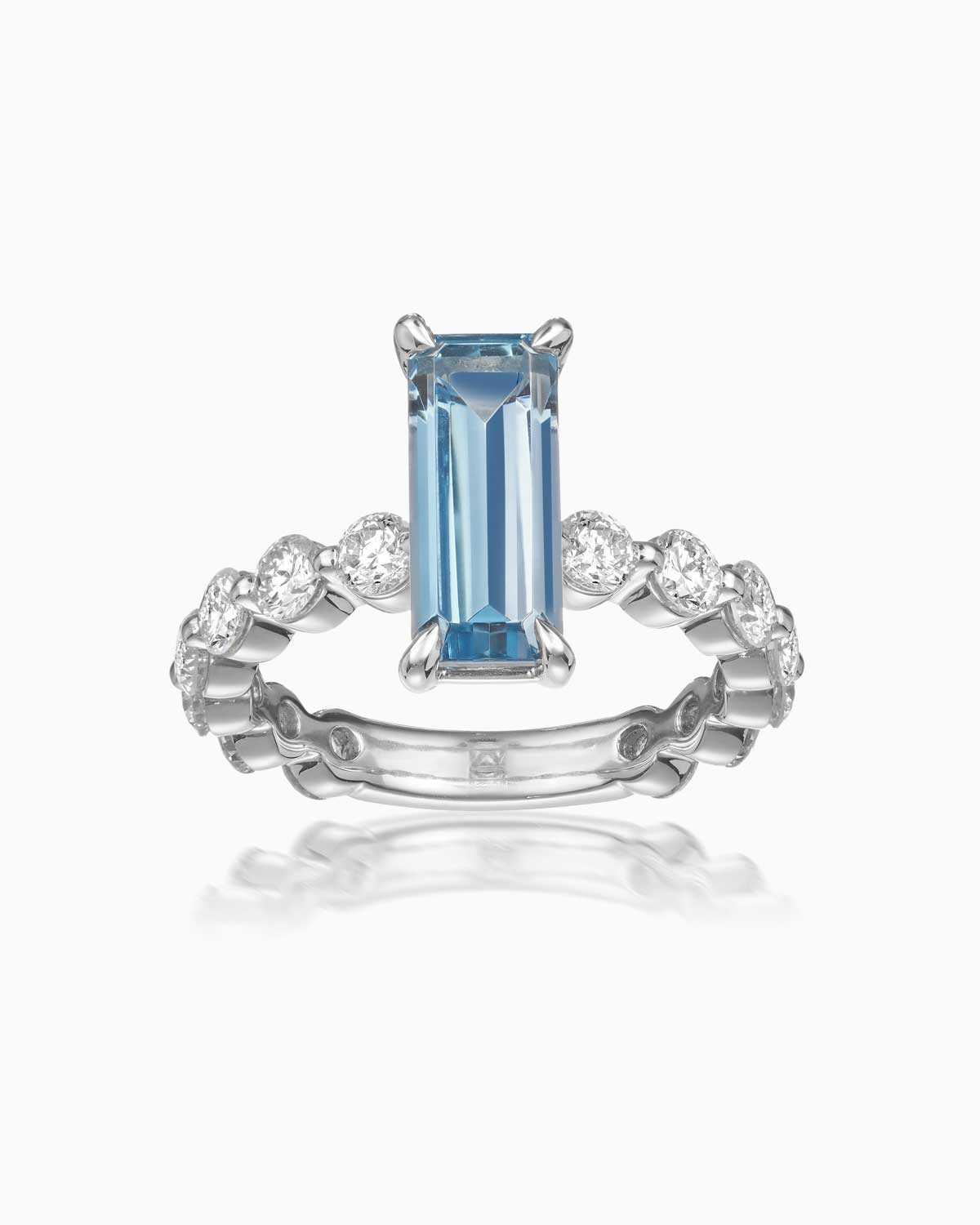 Elongated 2.55ct aquamarine and diamond ring on a platinum band by claude and me jewellery
