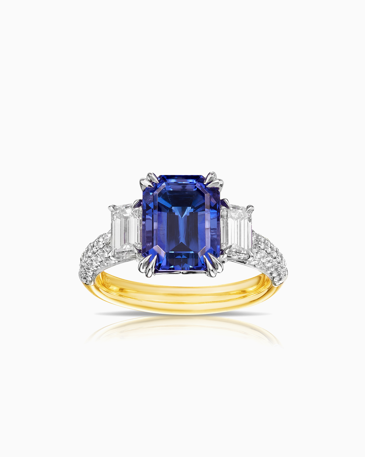 3.78ct tanzanite and diamond trilogy with pave set diamond shoulders and 18 karat white and yellow gold by claude and me jewellery.