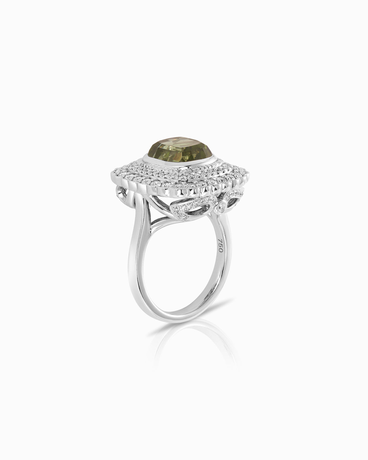 18k white gold ring with a cushion-cut mint quartz, framed by triple pavé diamond halos and a finely detailed openwork gallery side view
