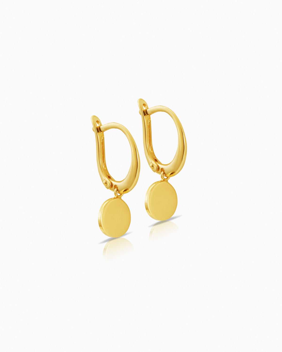 18k yellow gold huggies with an engravable round disc drop