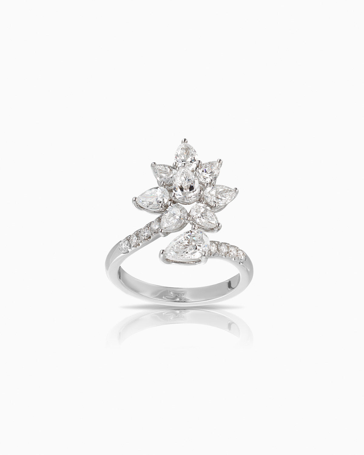 2.11ct glamour diamond ring featuring 9 x pear cut natural diamonds set in 18 karat white gold