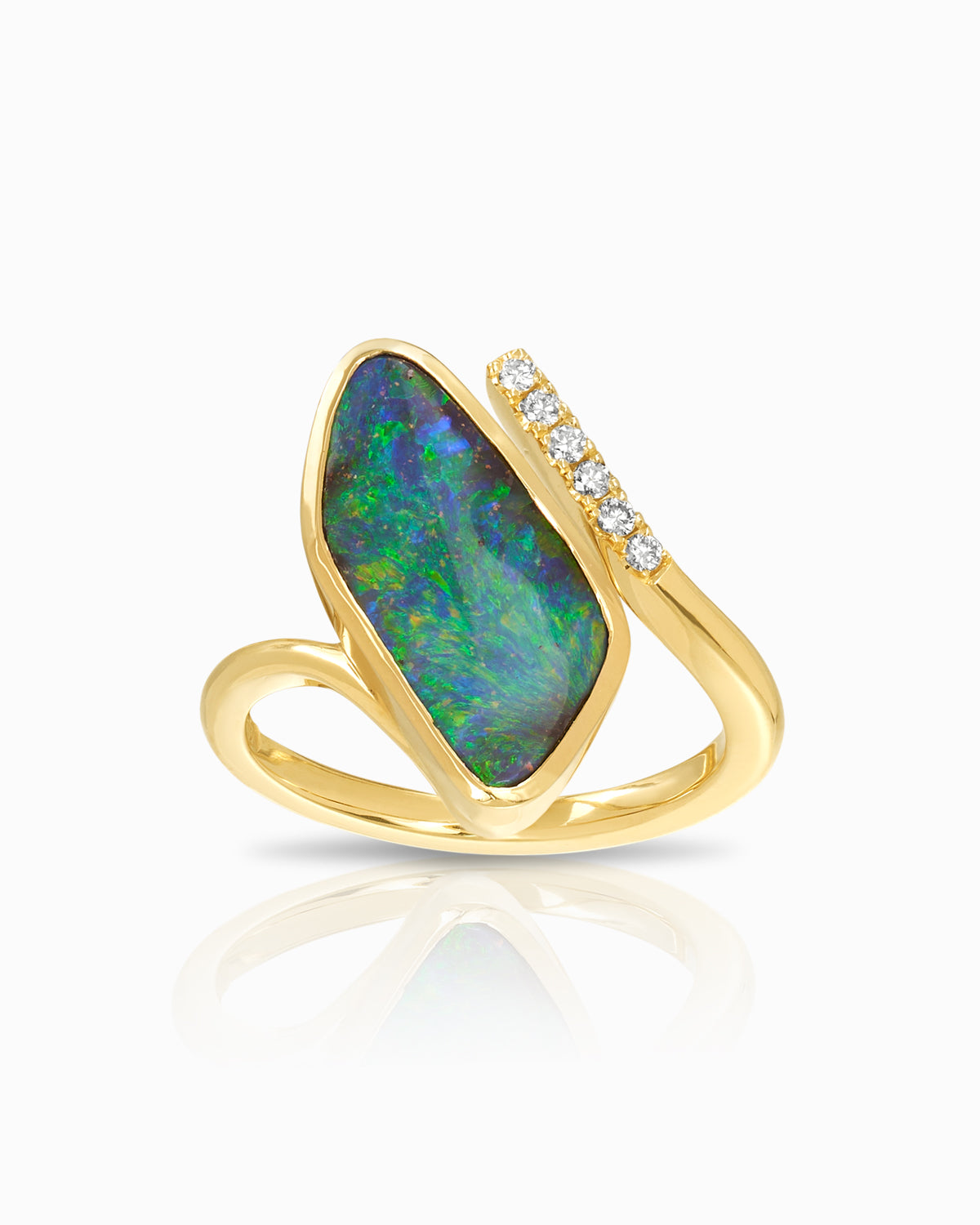 18k yellow gold ring featuring a 4.26ct boulder opal and six Argyle white diamonds (0.66ct DG/VS) in a sculptural, split-band design.