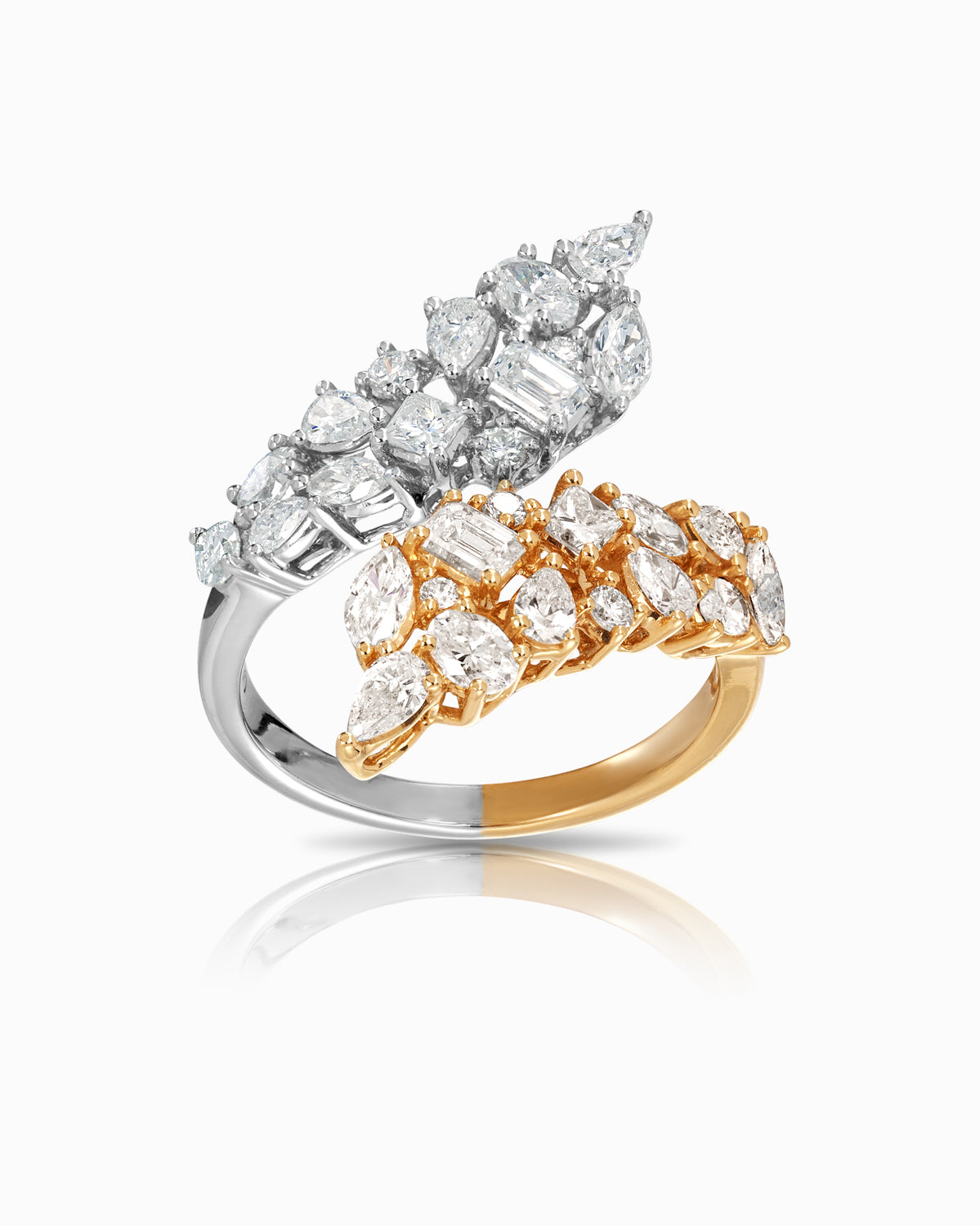 18k rose and white gold diamond ring with 1.95ct of marquise, pear, baguette, and round diamonds in a leaf-inspired open wrap design.