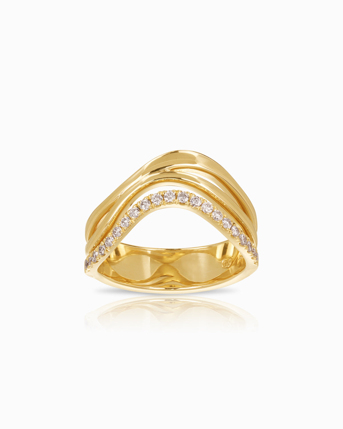 9k yellow gold ring with a sculptural, wave-inspired design and 21 Argyle white diamonds (0.23ct DG/VS), from the Claude by Claudia collection.