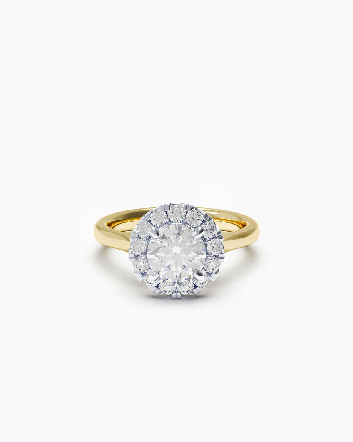Round brilliant diamond halo engagement ring with pavé-set halo and plain band, shown in yellow and white gold, available in any 18k metal.