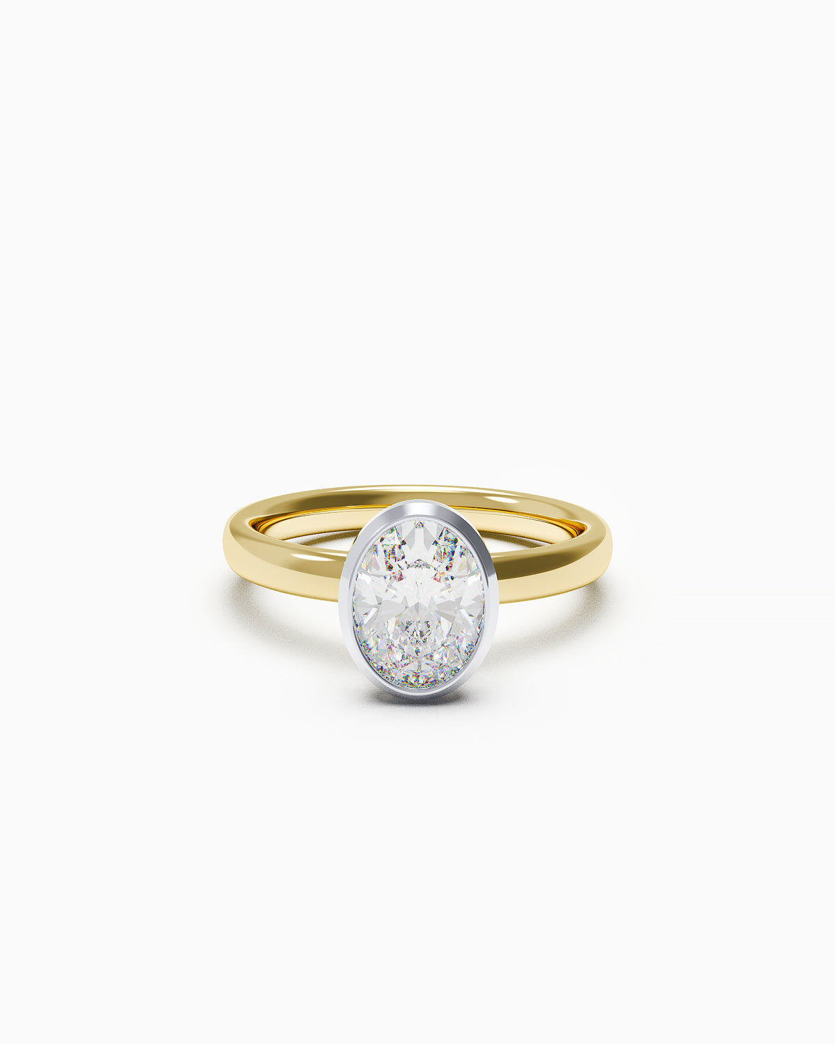 Oval-cut diamond bezel-set engagement ring with a smooth band, available in any 18k gold colour, front view on white background.