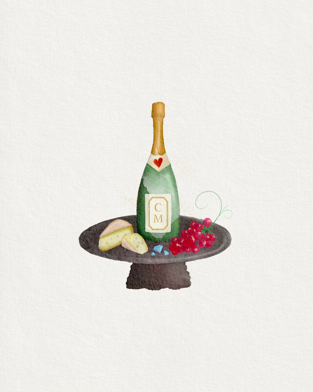 champagne, cheese and grapes at Claude and me jewellery illustration