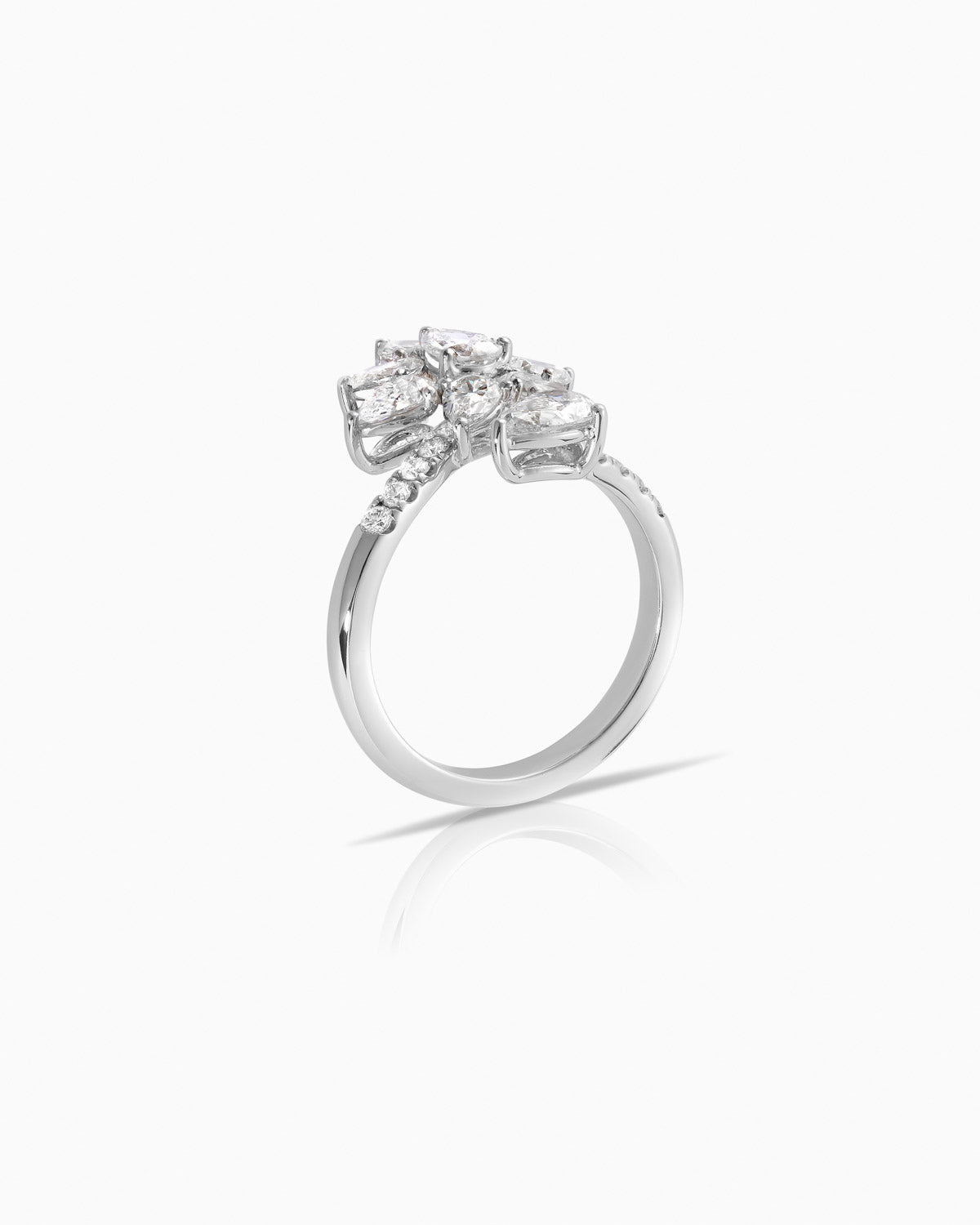 side view of 2.11ct glamour diamond ring featuring 9 x pear cut natural diamonds set in 18 karat white gold