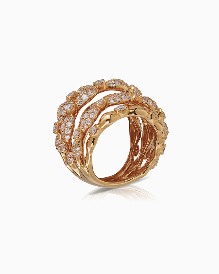 side view of bamboo diamond cascade ring by claude and me jewellery