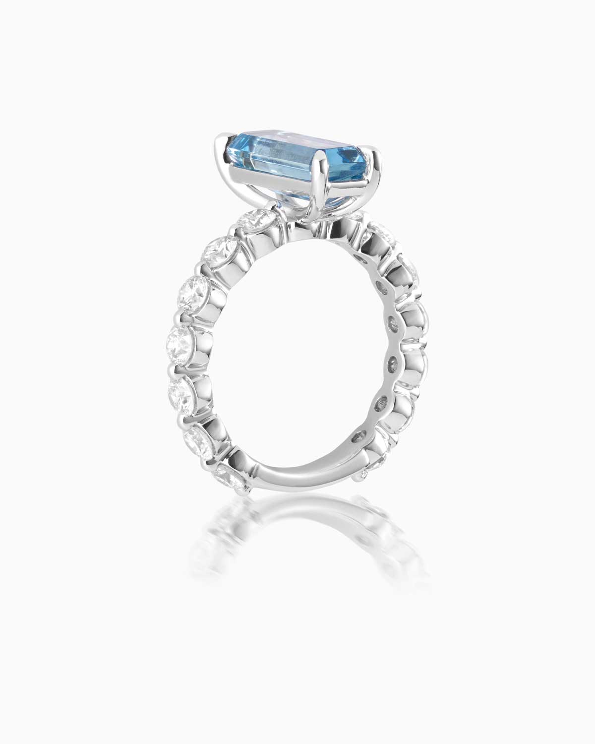 Elongated 2.55ct aquamarine and diamond ring on a platinum band by claude and me jewellery