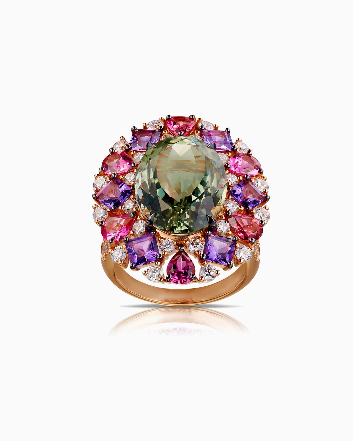 8.95ct green quartz ‘madame de pompadour’ ring, featuring amethyst, pink tourmaline, white diamonds and 18 karat rose gold by claude and me jewellery.