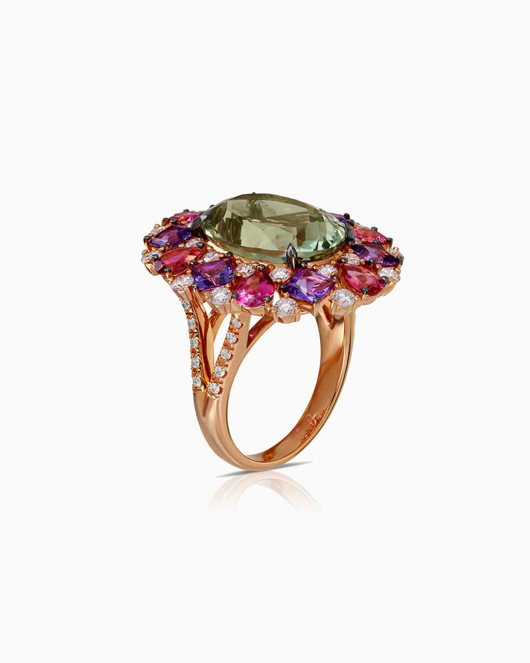 Side view 8.95ct green quartz ‘madame de pompadour’ ring, featuring amethyst, pink tourmaline, white diamonds and 18 karat rose gold by claude and me jewellery.